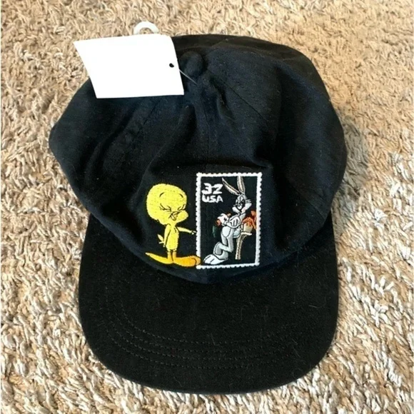 New Vintage Looney Tunes Stamp Collection Tweety Bird Bugs Bunny Cap Black - Picture 2 of 6
